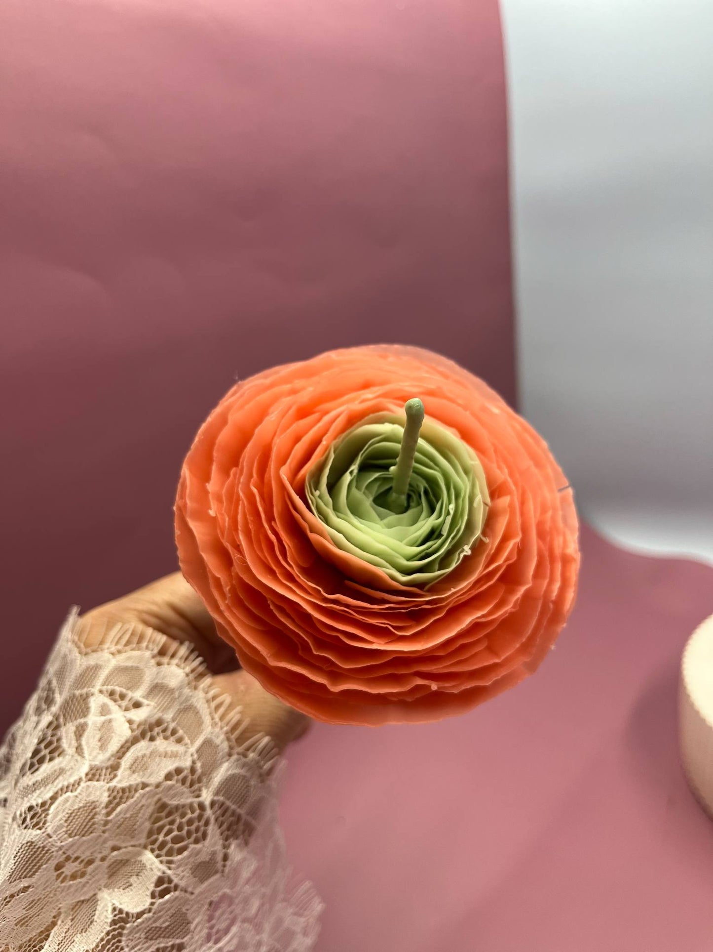 Vėdryno (Ranunculus) žiedo žvakė ant koto pagaminta iš balto bičių vaško